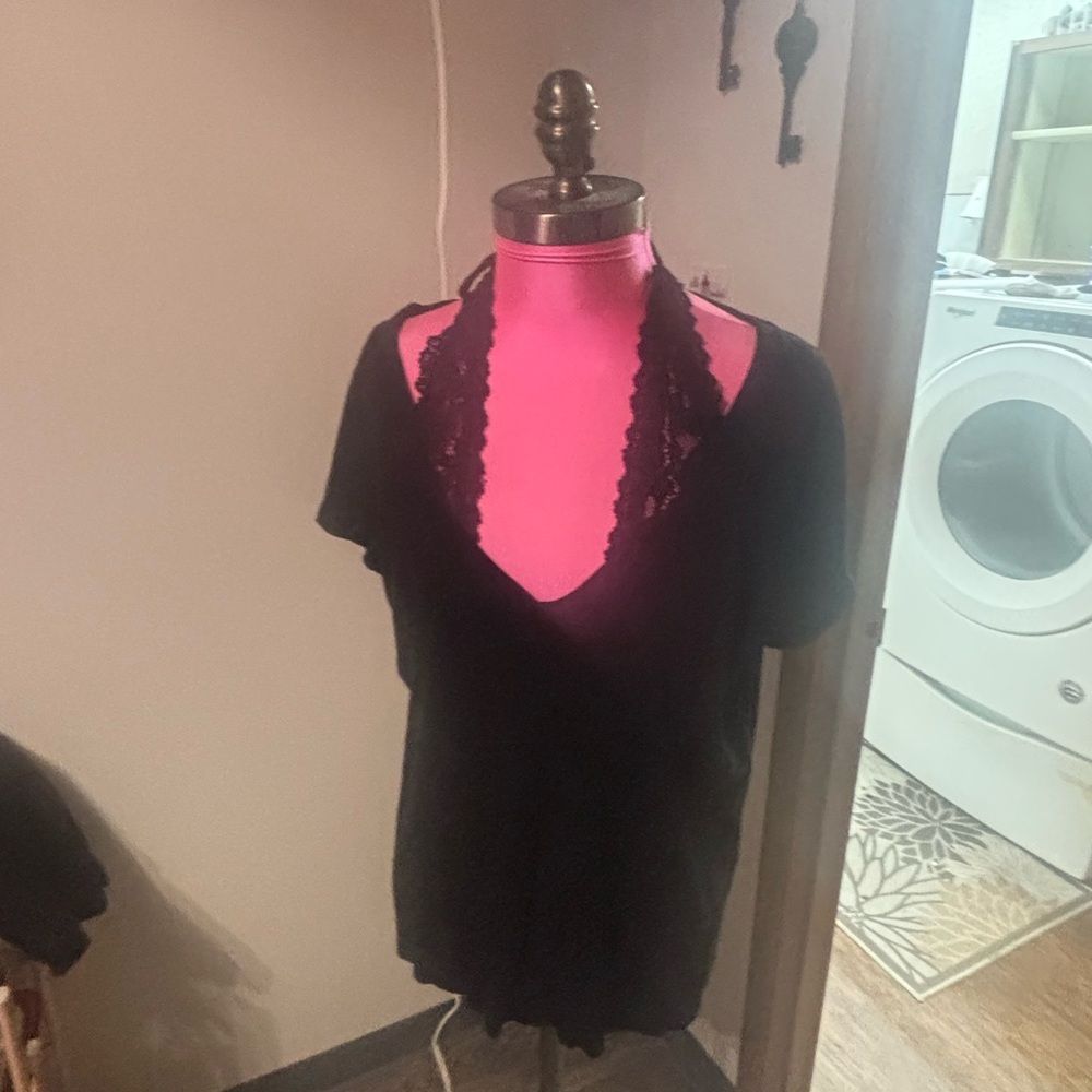 Torrid Black V-Neck Tee with Lace HalterTye